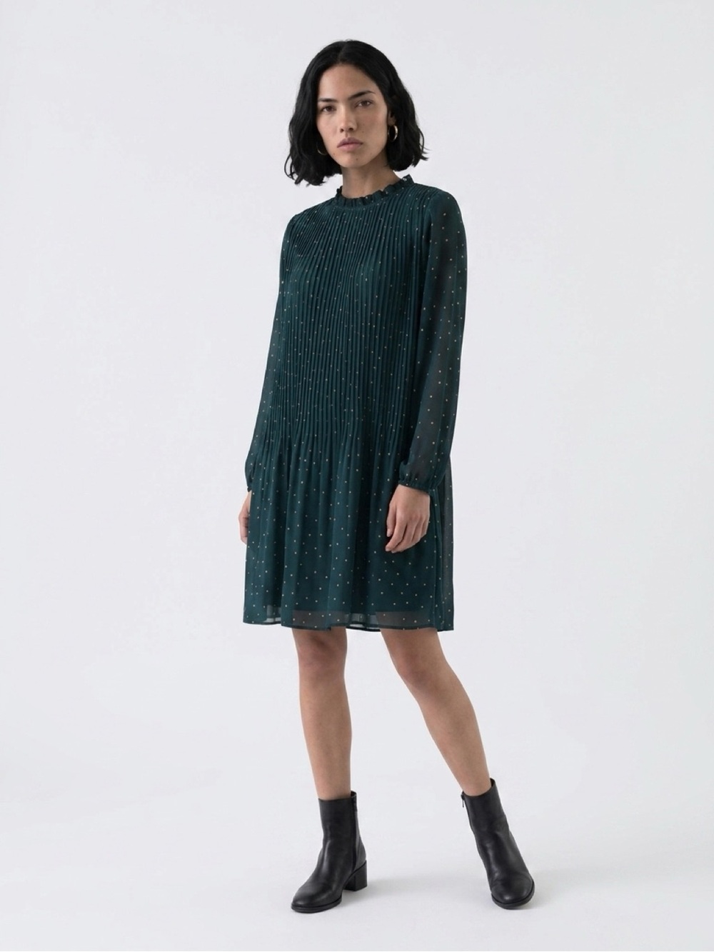 AZALEA Long Sleeve Polka Dot Print Pleated Swing Dress Dark Green Sz S